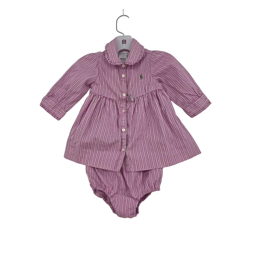 Ralph Lauren Baby Girl Pink Striped Dress and Bloomers Set 9M Long Sleeve Ruffle